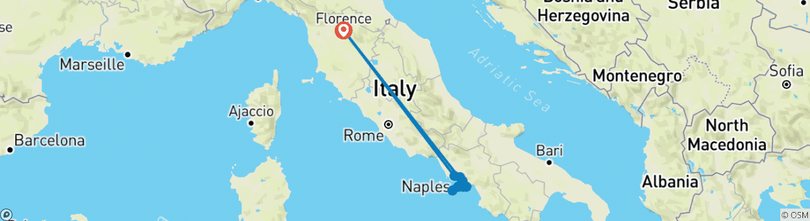 Image of a map showing the route of the tour