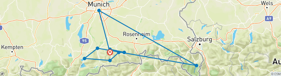 Image of a map showing the route of the tour