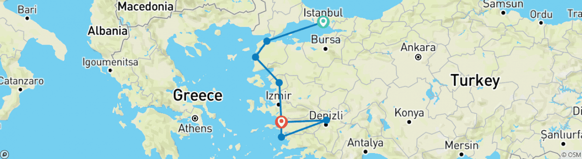 Image of a map showing the route of the tour