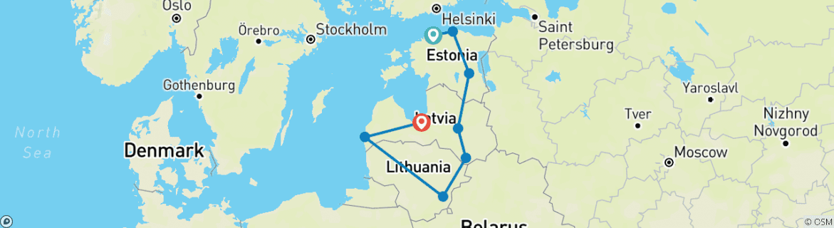Image of a map showing the route of the tour