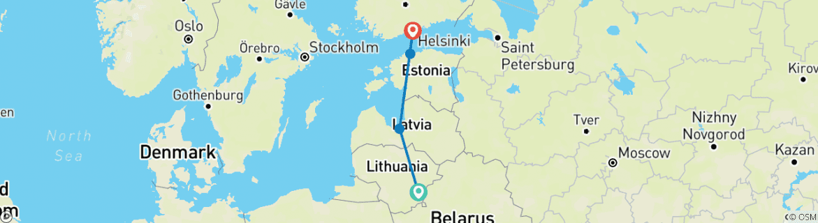 Image of a map showing the route of the tour