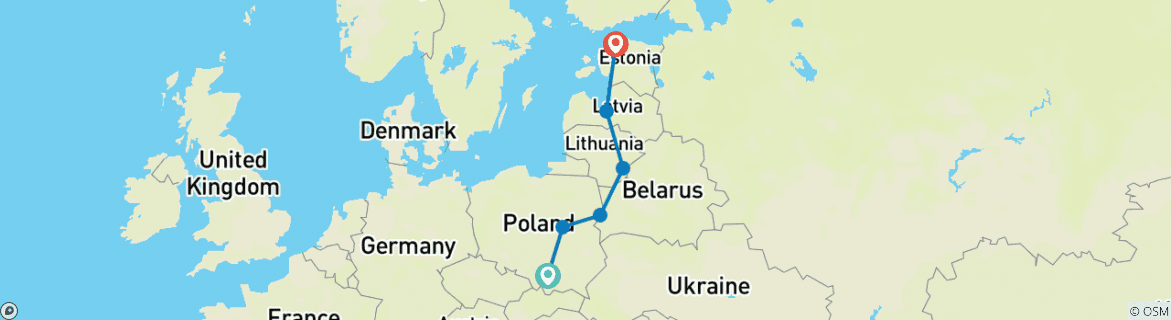 Image of a map showing the route of the tour