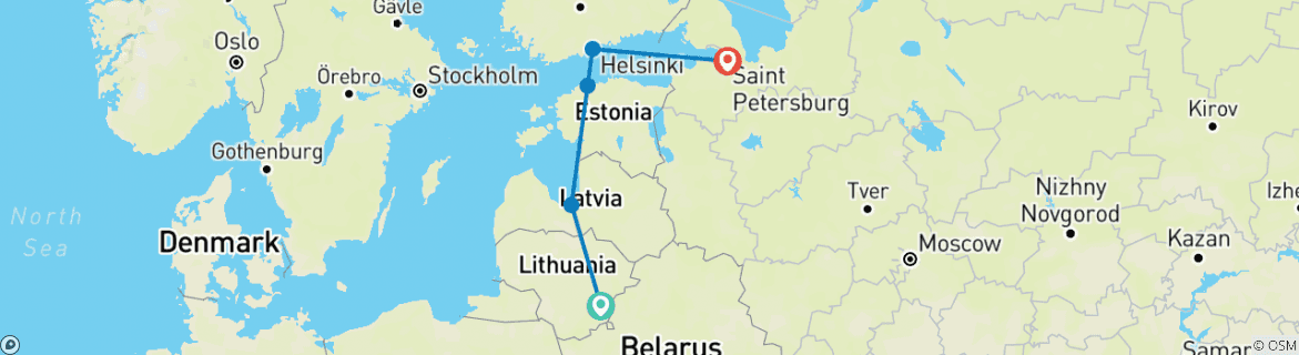 Image of a map showing the route of the tour