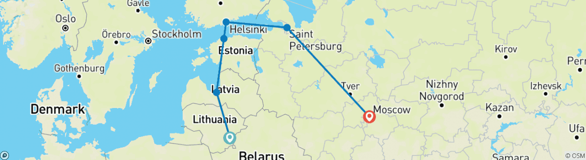 Image of a map showing the route of the tour