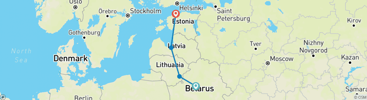 Image of a map showing the route of the tour