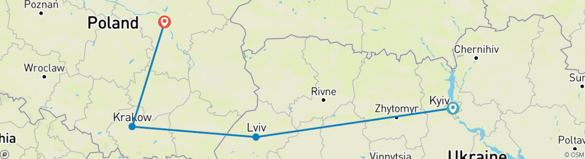 Image of a map showing the route of the tour