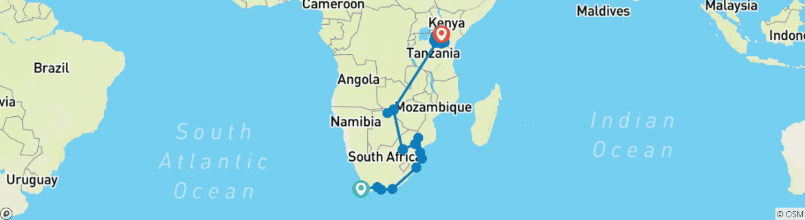 Image of a map showing the route of the tour
