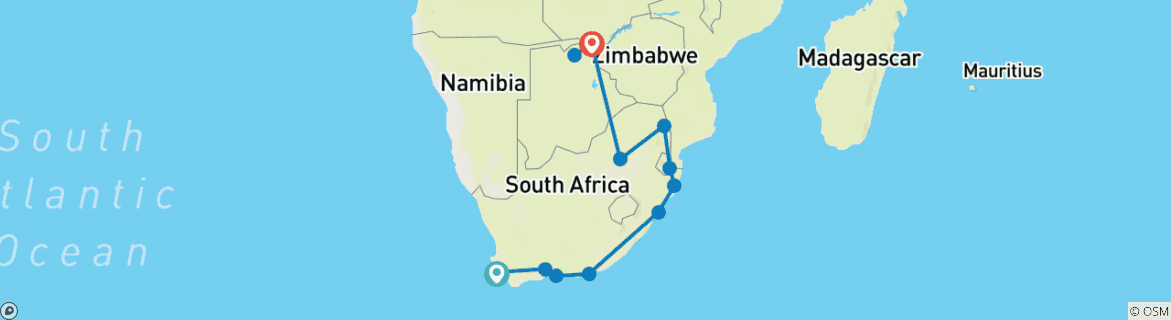 Image of a map showing the route of the tour