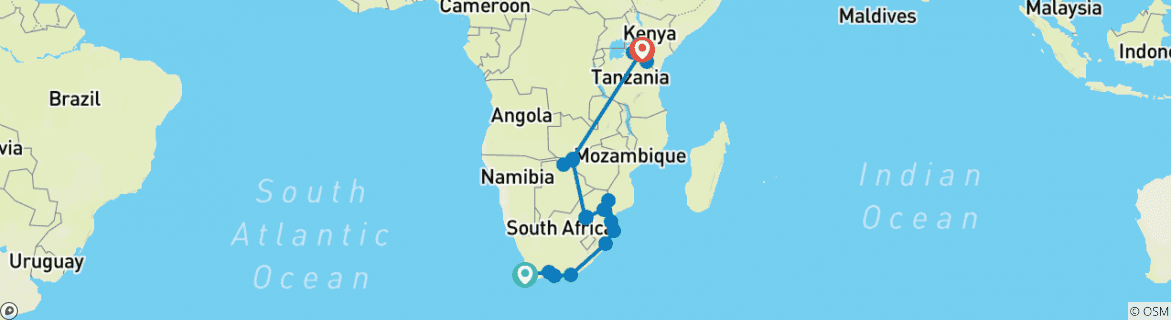 Image of a map showing the route of the tour