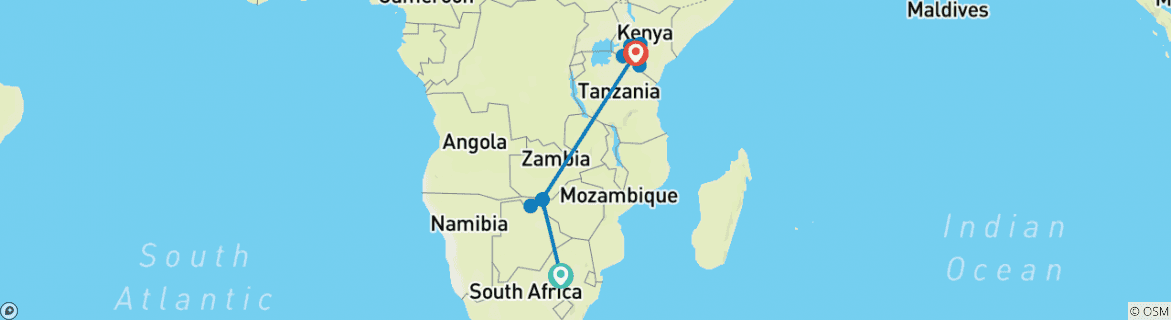 Image of a map showing the route of the tour