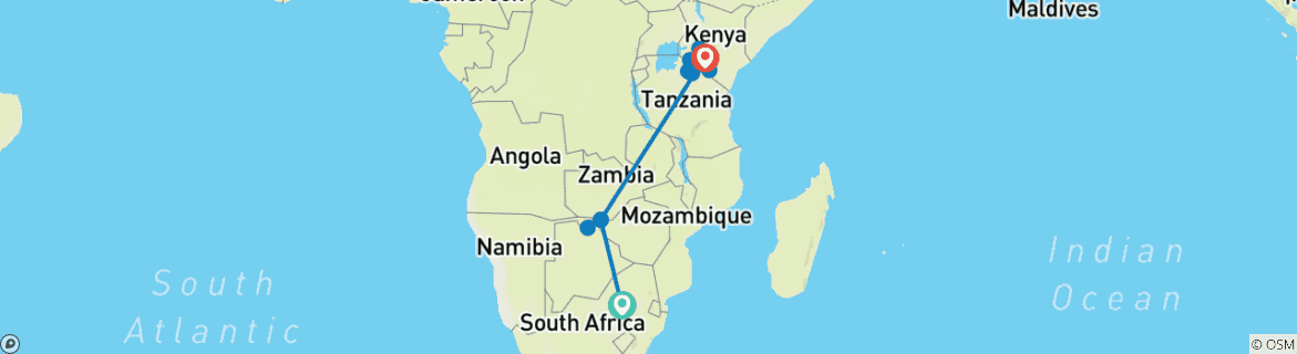 Image of a map showing the route of the tour