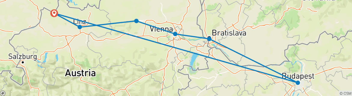 Image of a map showing the route of the tour