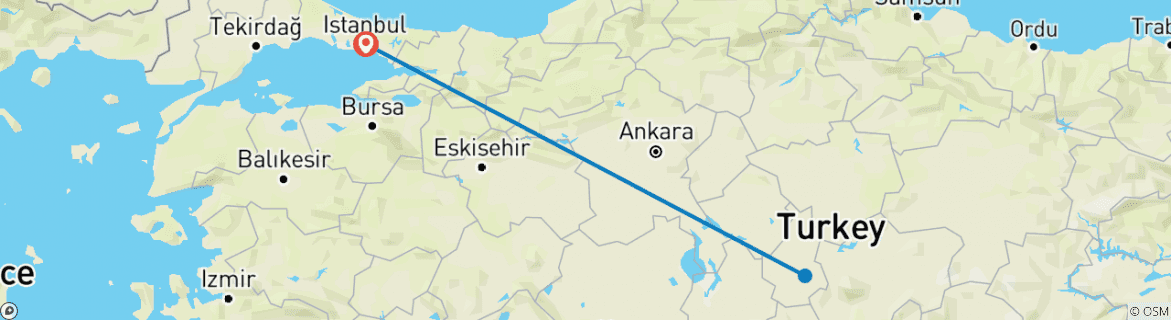 Image of a map showing the route of the tour