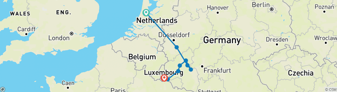 Image of a map showing the route of the tour