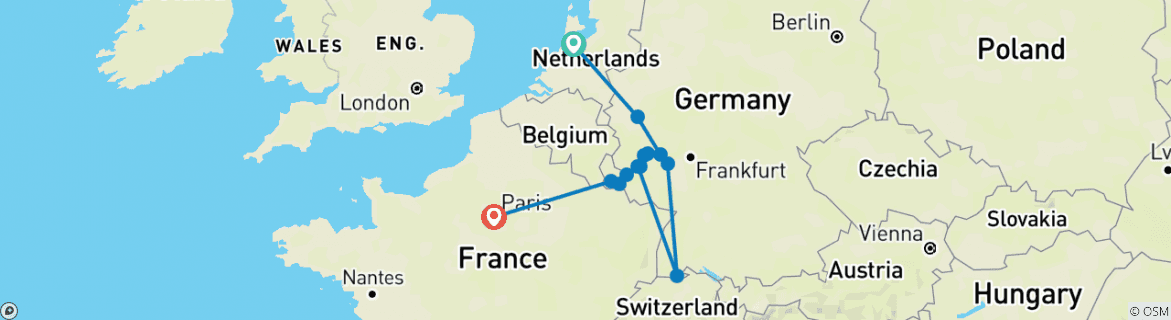 Image of a map showing the route of the tour