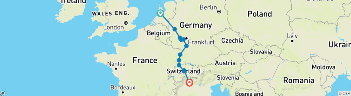 Image of a map showing the route of the tour
