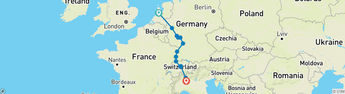 Image of a map showing the route of the tour