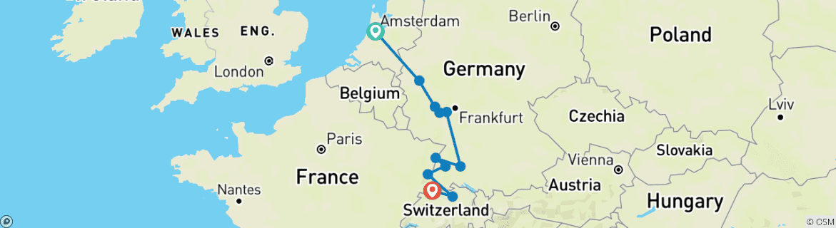 Image of a map showing the route of the tour