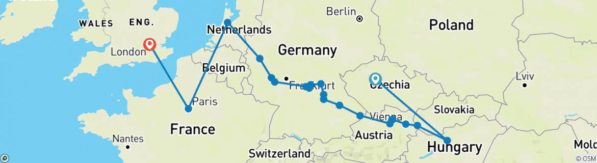 Image of a map showing the route of the tour