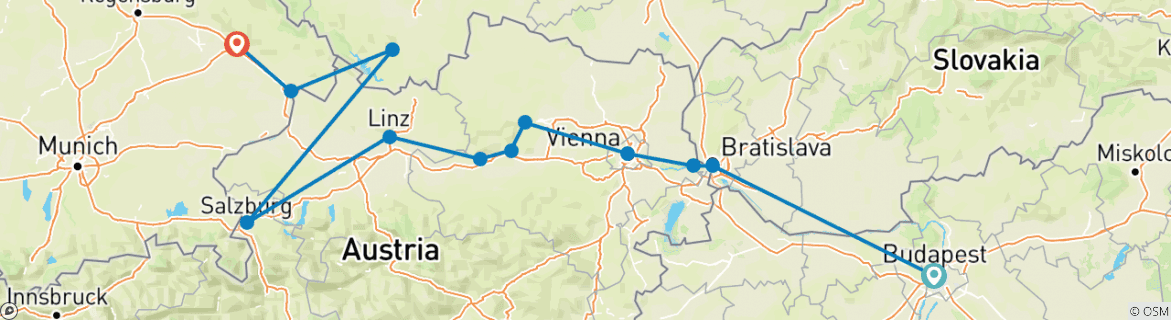 Image of a map showing the route of the tour