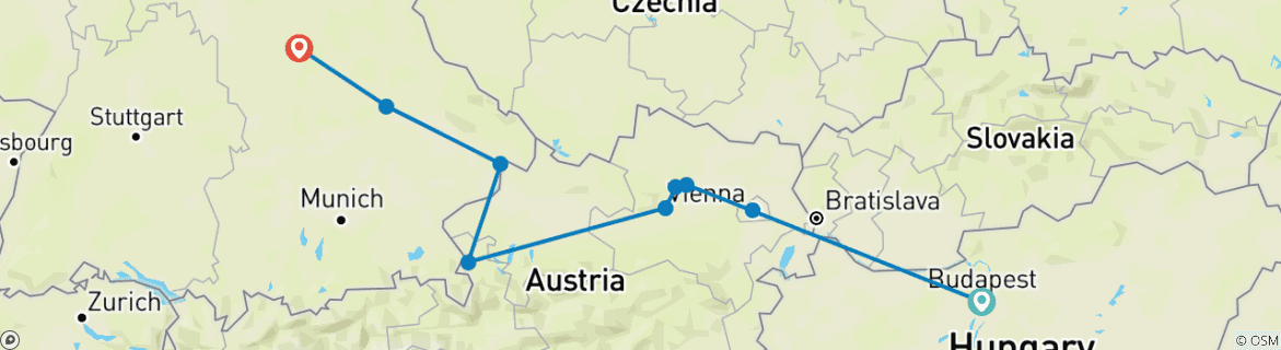 Image of a map showing the route of the tour