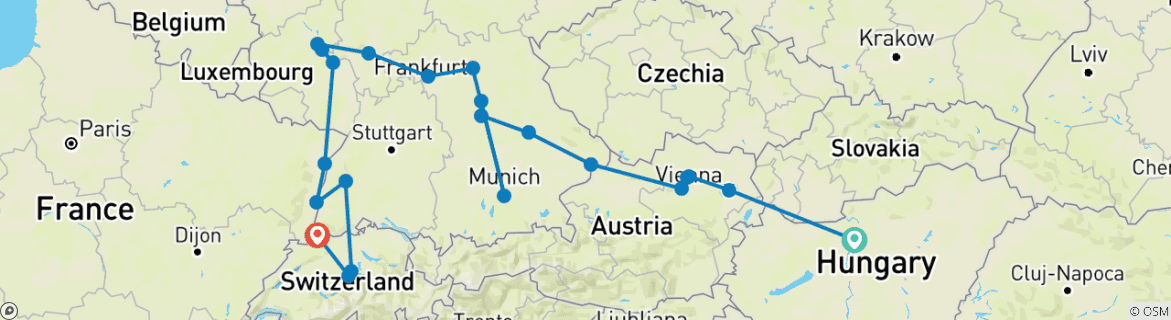 Image of a map showing the route of the tour