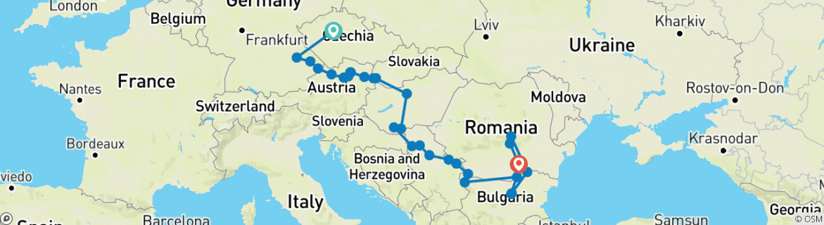 Image of a map showing the route of the tour