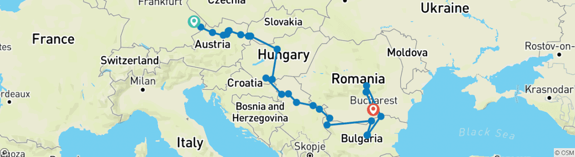 Image of a map showing the route of the tour