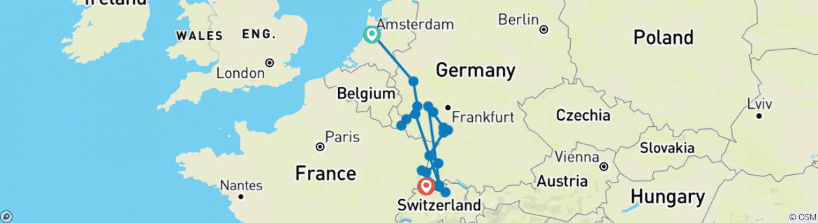 Image of a map showing the route of the tour