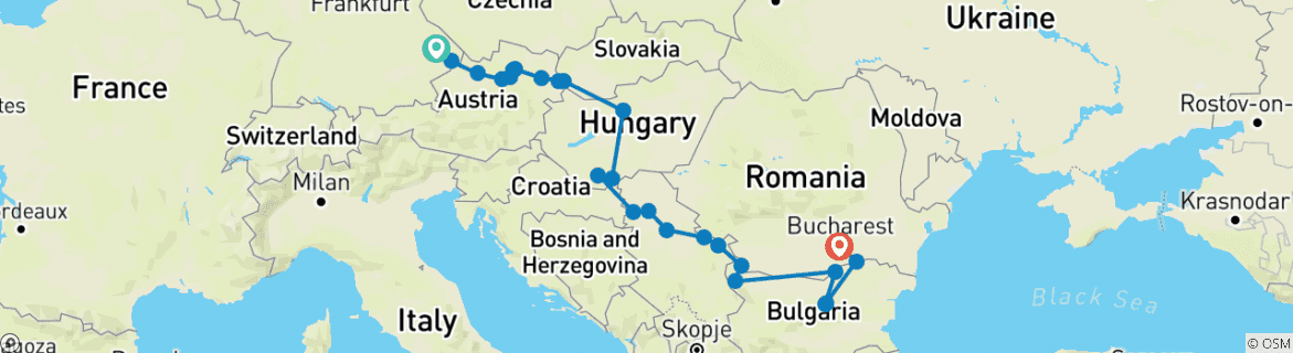 Image of a map showing the route of the tour