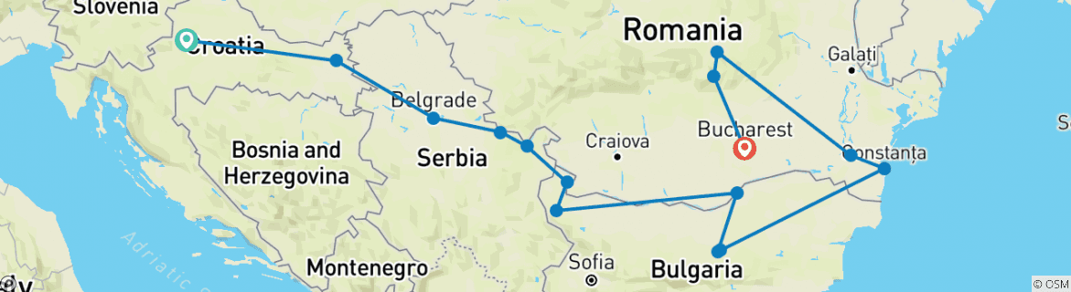 Image of a map showing the route of the tour