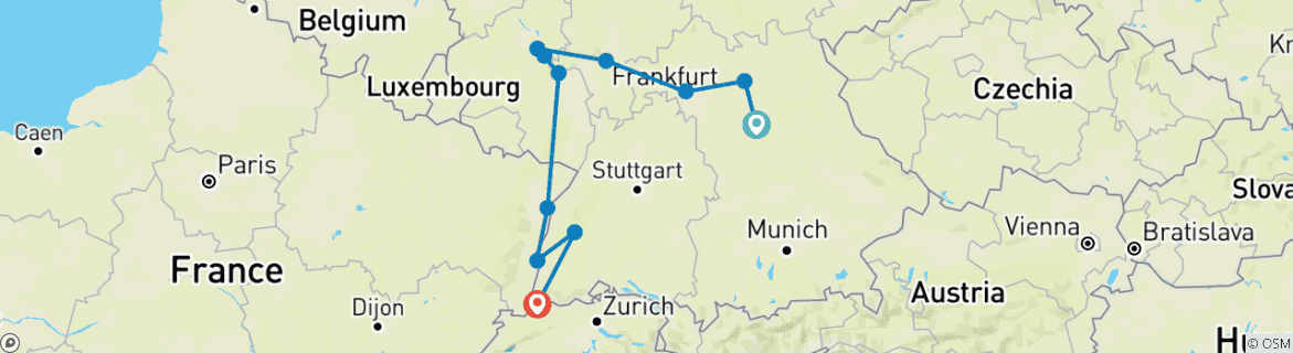 Image of a map showing the route of the tour