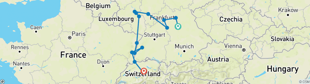 Image of a map showing the route of the tour