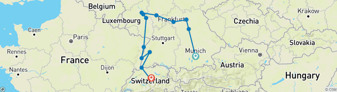 Image of a map showing the route of the tour