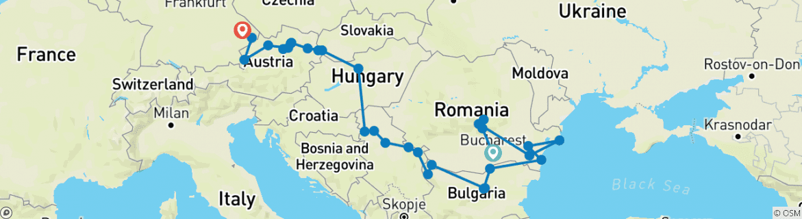 Image of a map showing the route of the tour
