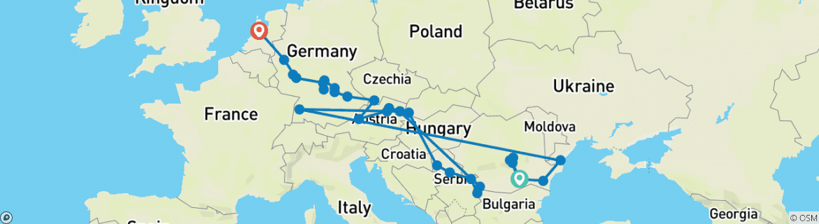 Image of a map showing the route of the tour