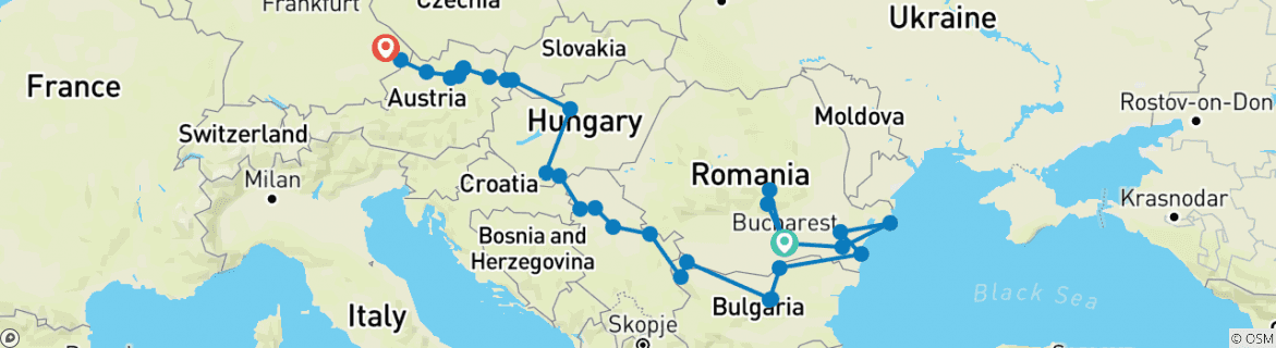 Image of a map showing the route of the tour