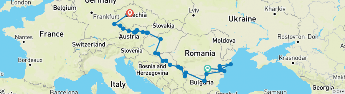 Image of a map showing the route of the tour