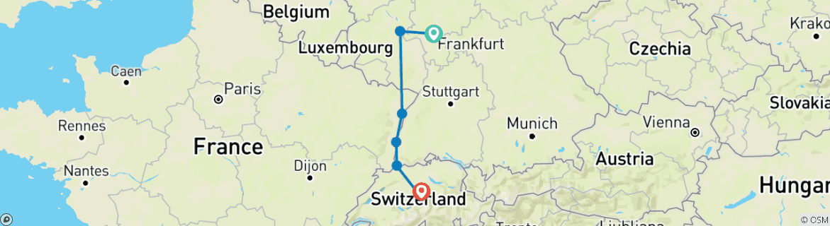 Image of a map showing the route of the tour