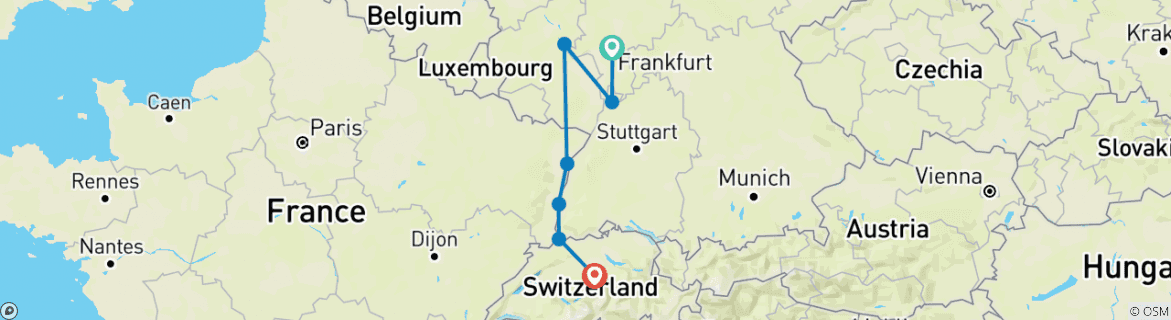 Image of a map showing the route of the tour