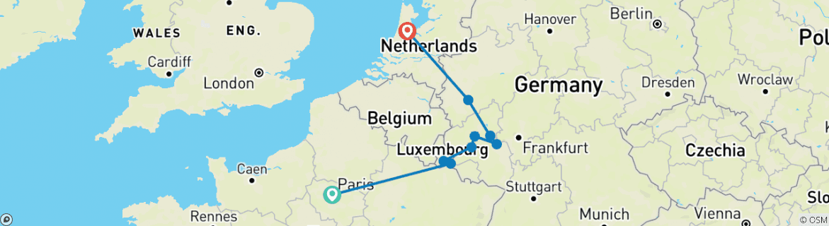 Image of a map showing the route of the tour