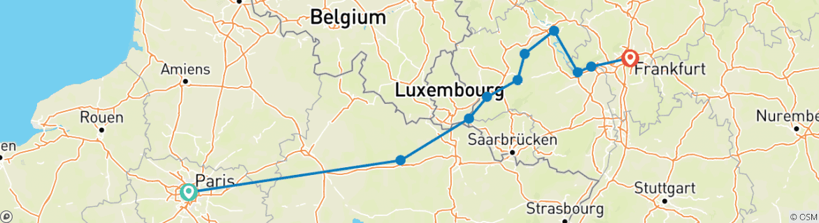 Image of a map showing the route of the tour