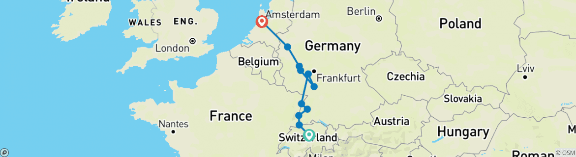 Image of a map showing the route of the tour