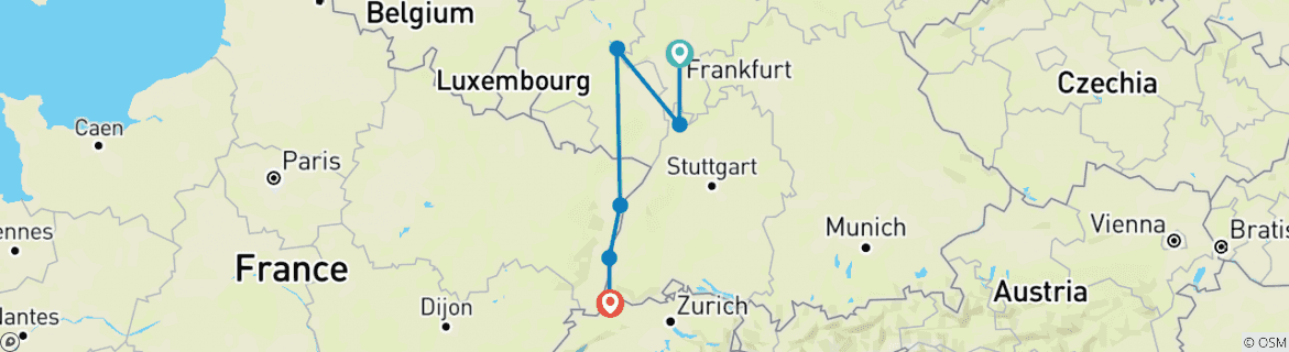 Image of a map showing the route of the tour
