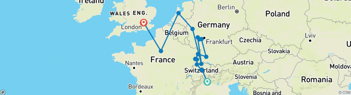 Image of a map showing the route of the tour
