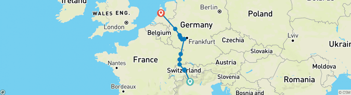 Image of a map showing the route of the tour