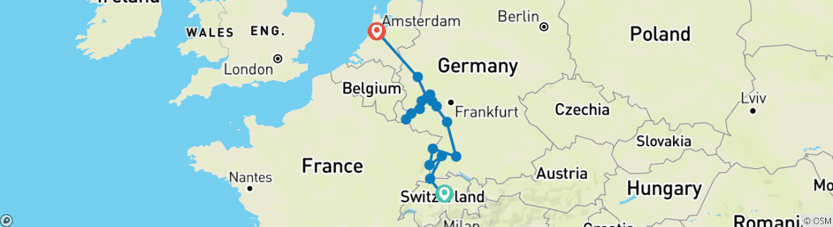 Image of a map showing the route of the tour