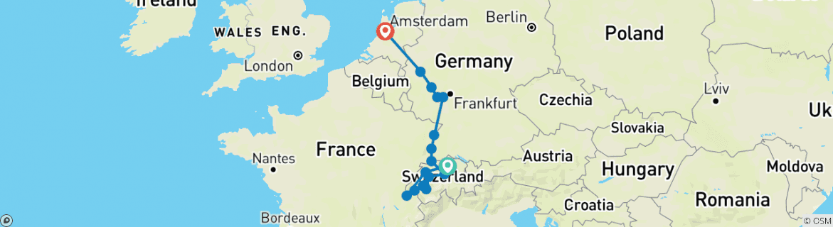 Image of a map showing the route of the tour