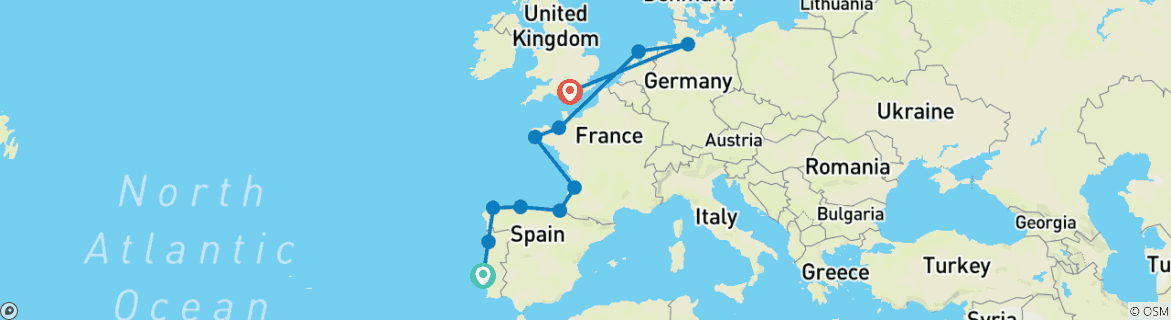 Image of a map showing the route of the tour