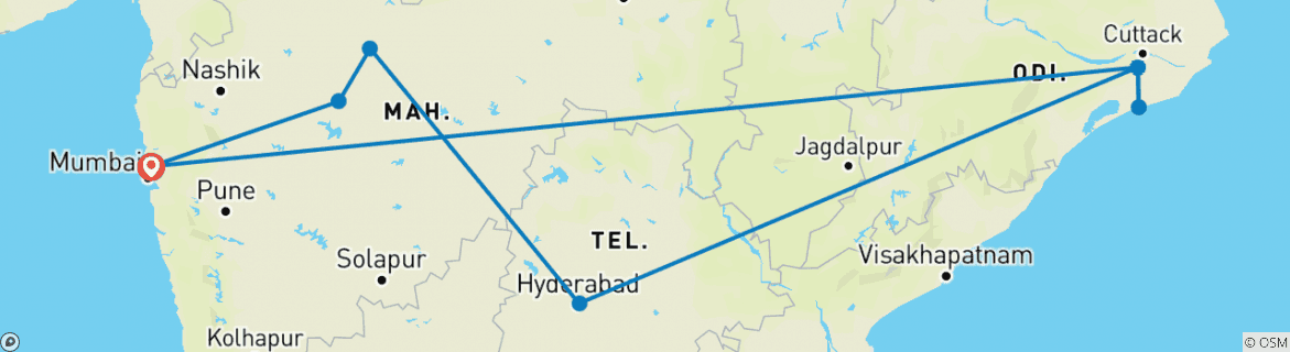 Image of a map showing the route of the tour